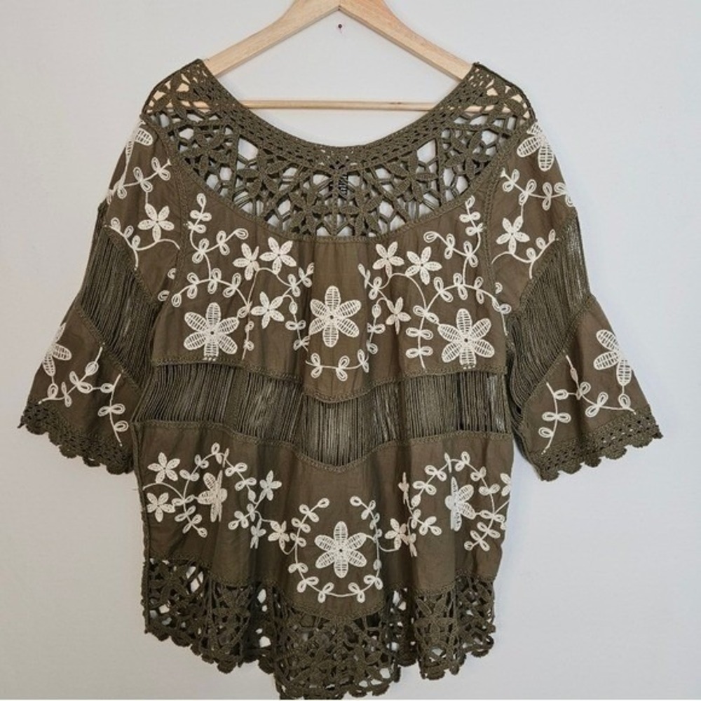 Oliver O. Peasant Top Boho Crochet Embroidered Short Sleeve Blouse Size Medium - Picture 6 of 12